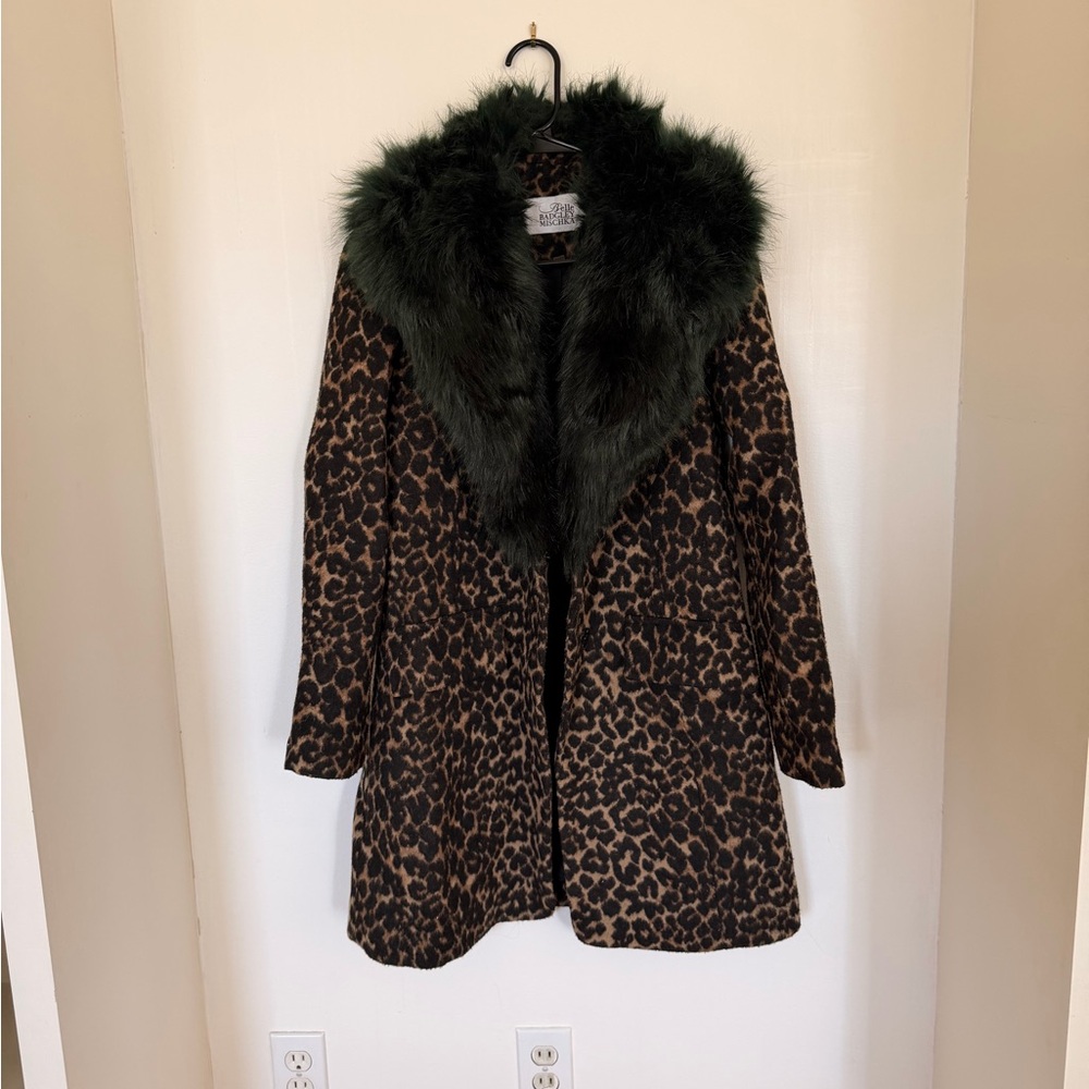 Badgley Mischka Leopard Print Cape with Dark Green Faux Fur